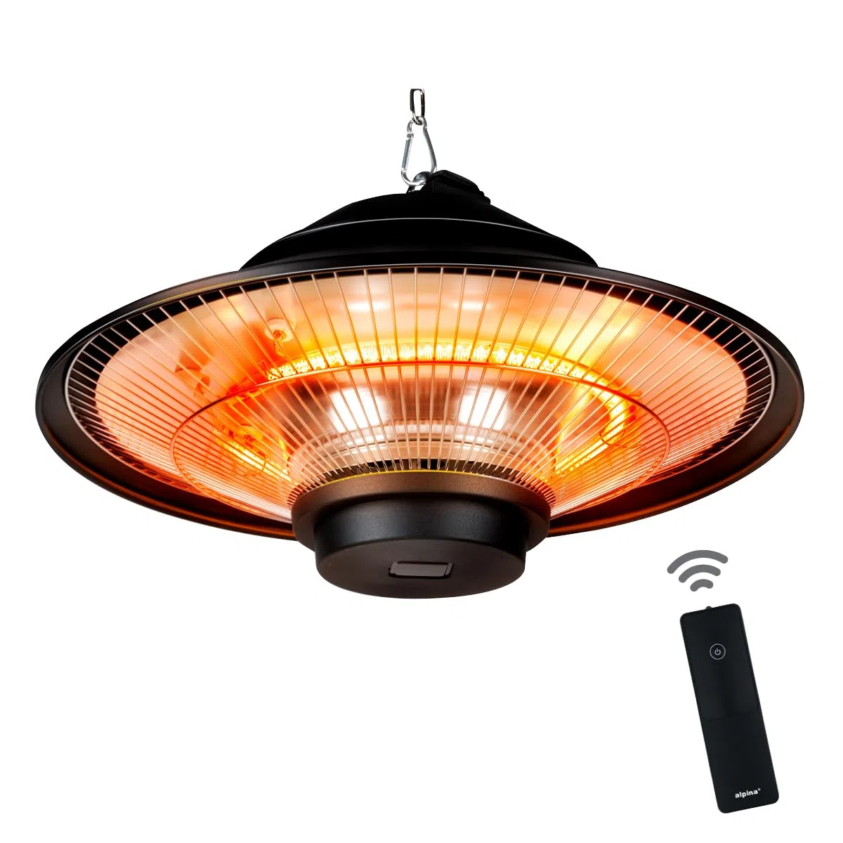alpina Chauffage Extérieur Terrasse 1500W – Chauffage Électrique Suspendu Rond Infrarouge avec Télécommande – Radiateur de Terrasse Intérieur/Extérieur, Noir