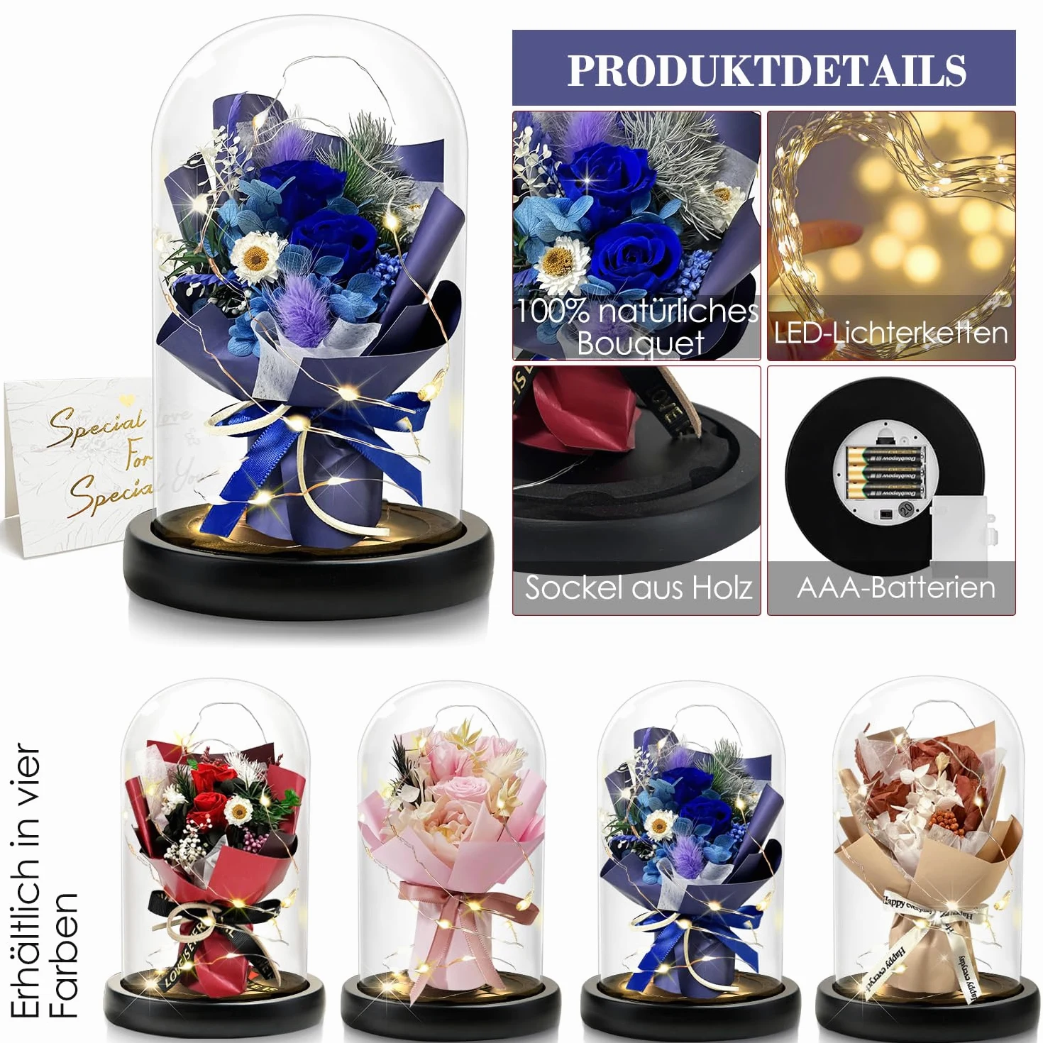 Cadeau pour femme - Rose éternelle dans un verre avec LED - Bouquet de roses bleues - Décoration de la maison - Véritables fleurs durables pour maman, petite amie, épouse, grand-mère (bleu)