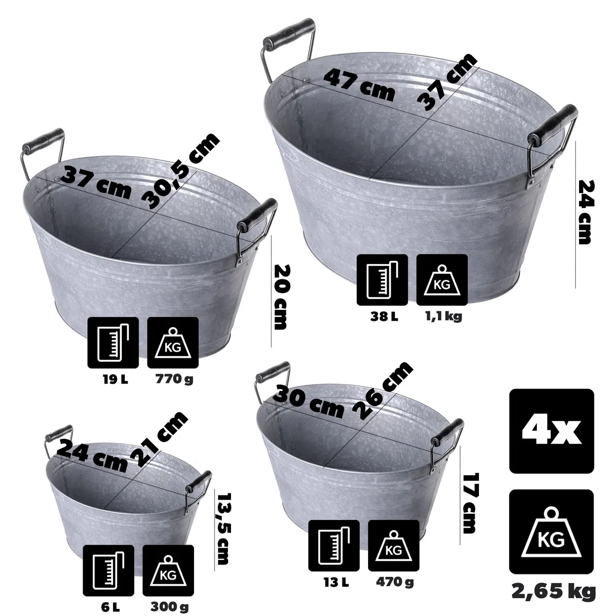 KADAX Lot de 4 bacs en zinc en 4 tailles : 6 l, 13 l, 19 l et 38 l, bac à plantes en acier galvanisé, idéal comme étang de jardin, bac à fleurs et seau à boissons (argenté)