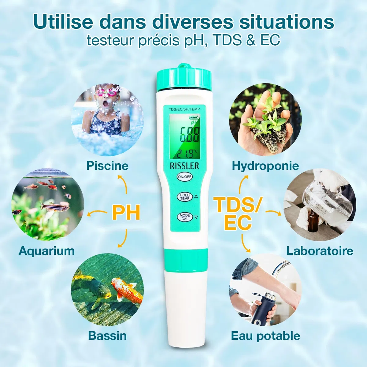 Rissler Testeur pH Piscine 4-en-1 - pH Mètre Électronique Haute Précision pour Mesure pH,TDS,EC,Température, Analyseur Eau Potable, Test Digital Idéal pour Piscine, Hydroponie et Aquarium