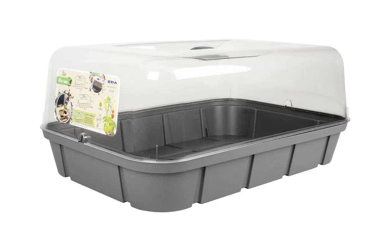 EDA - Mini Serre de Culture Veg&Table - 15,7 L - Taille L - Couvercle avec Système d'Aération Inclus - Plateau pour Semis - 56 x 38 x H. 24 cm - Gris Anthracite