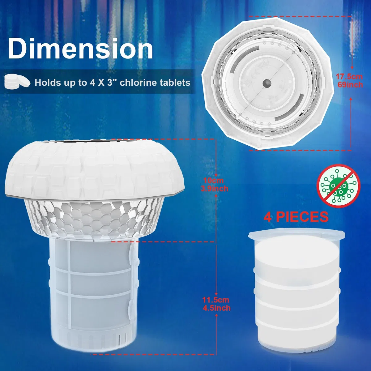 Distributeur de Chlore Flottant avec Lumière Solaire LED, Diffuseur Chlore Piscine avec Contrôle par Bouton Flotteur, Télécommande, Libération Réglable & Ouverture，Flotteur Piscine Chlore