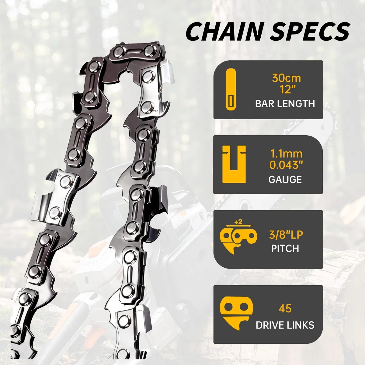4 chaînes pour tronçonneuse de 30 cm, 3/8 "LP 1,1 mm, 45 TG, chaîne pour tronçonneuse, avec gants de protection et étui, compatible avec Ryobi OCS1830, Bosch AKE30 Li AKE30 S Usw