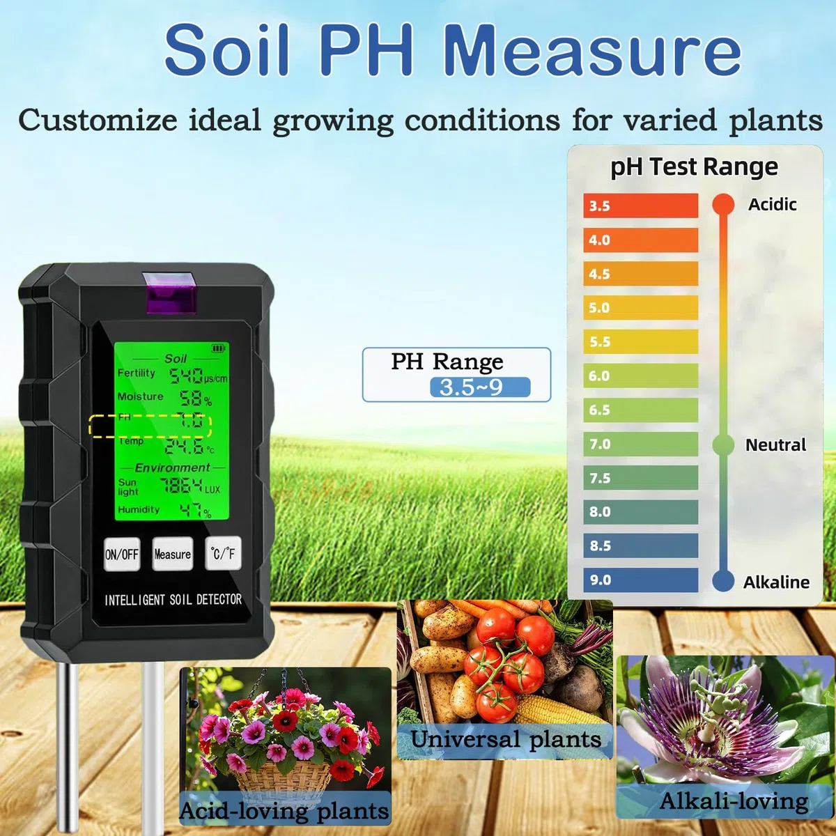 Testeur d'Humidité du Sol 6 en 1, Mesure pH, Fertilité, Lumière Soleil, Température, Hygromètre Plante pour Jardin, Potager et Plantes d'Intérieur