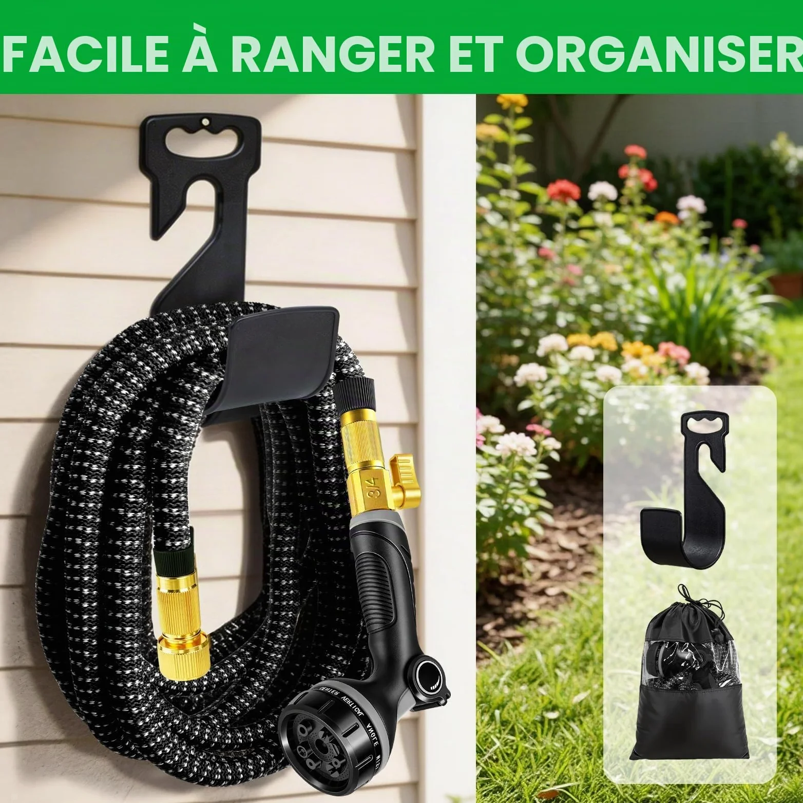 Tuyau Arrosage Extensible 15m, Tuyau d'arrosage Retractable avec 1/2" et 3/4" Adaptateur, Tuyaux d'arrosage avec 10 Modèles de Pulvérisation pour Jardin Irrigation Nettoyage Laver la Voiture