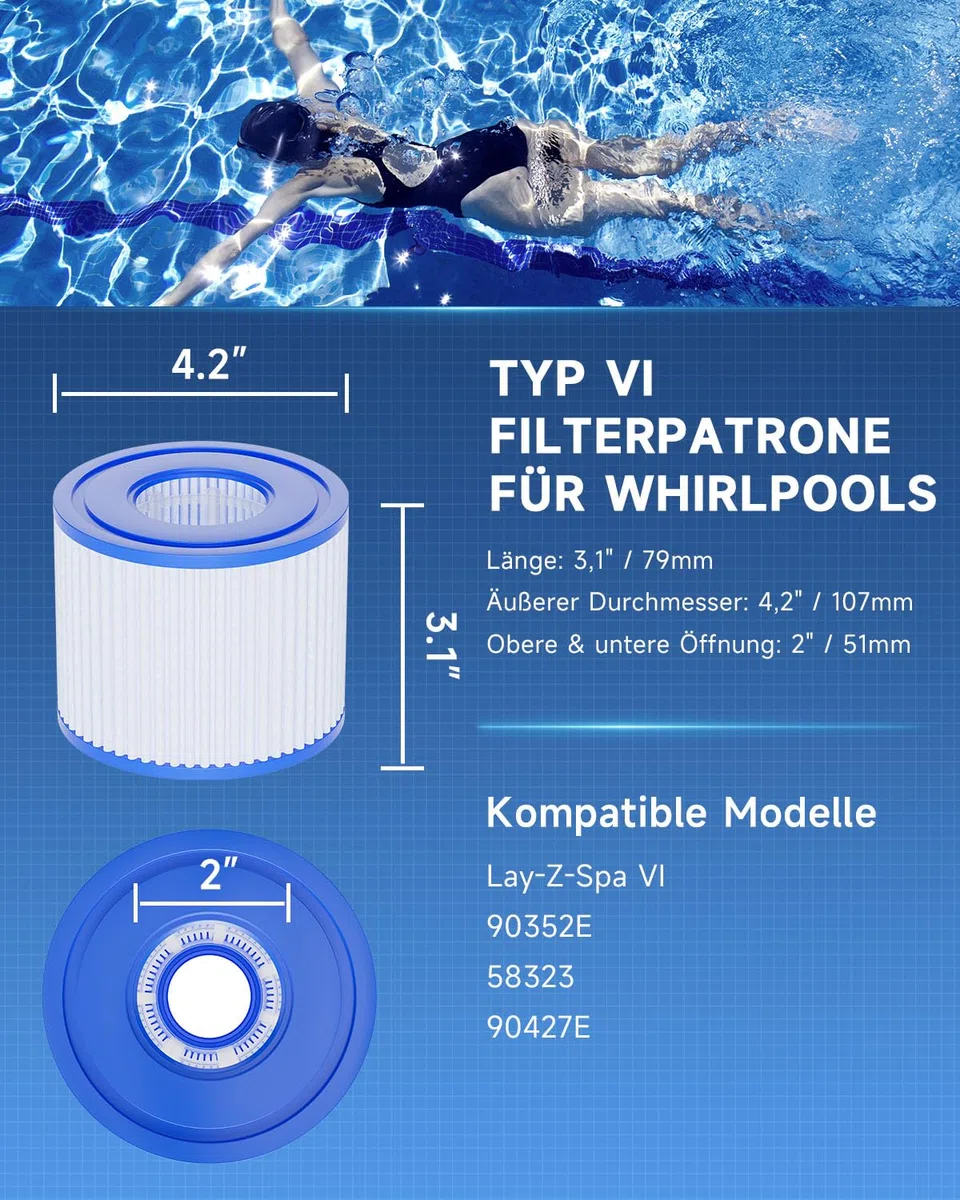 AQUALTRA Type VI Cartouches filtrantes pour Spa Gonflable compatibles avec Les spas Lay-Z, 90352E, 58323E, 58323, 58324 et 90427E, 107 x 79 MM, Lot de 6