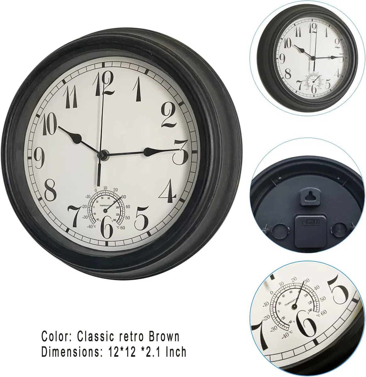 Grande horloge murale d'extérieur et d'intérieur étanche de 30.5 cm avec thermomètre, résistante aux intempéries, sans tic-tac, fonctionne avec des piles, salle de bain, cadeau