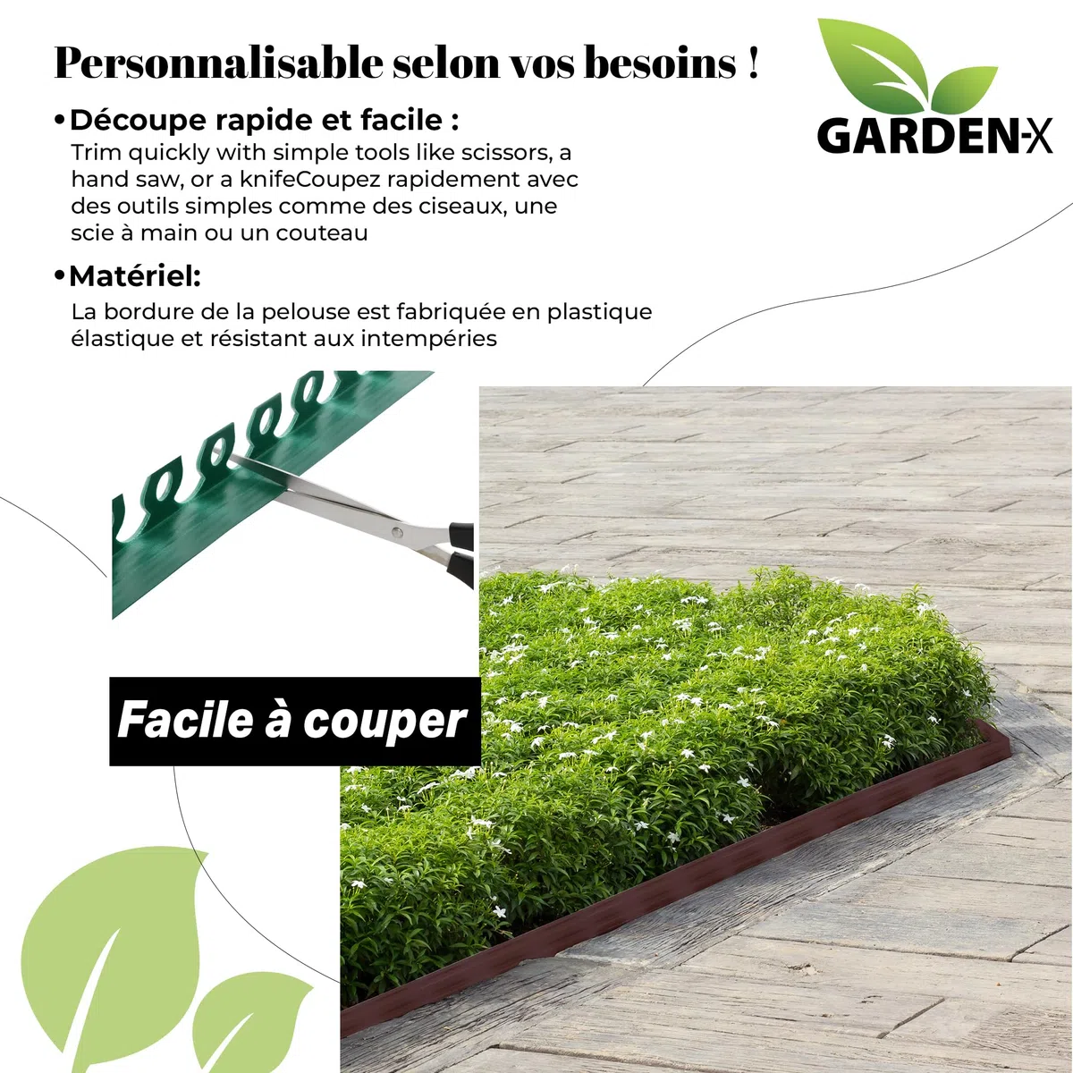 GARDENIX Bordure de pelouse en Plastique LineBORDER Flexible, 20 ancrages au Sol, Longueur 10m, Hauteur 4cm, Noir