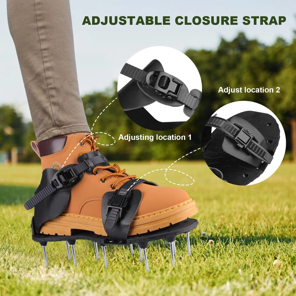Sandales Aérateur de Pelouse, Chaussures à Clous pour Gazon avec 26 Pointes en Acier Inoxydable, Semelles Aérantes Réglables pour Aération du Sol, Jardin, Terrain (Noir)