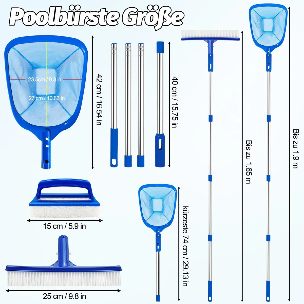 4BAOHUI Brosse de piscine avec manche en acier inoxydable, épuisette avec manche télescopique, kit de balai de piscine, brosse de nettoyage pour piscine, épuisette pour nettoyer les feuilles de