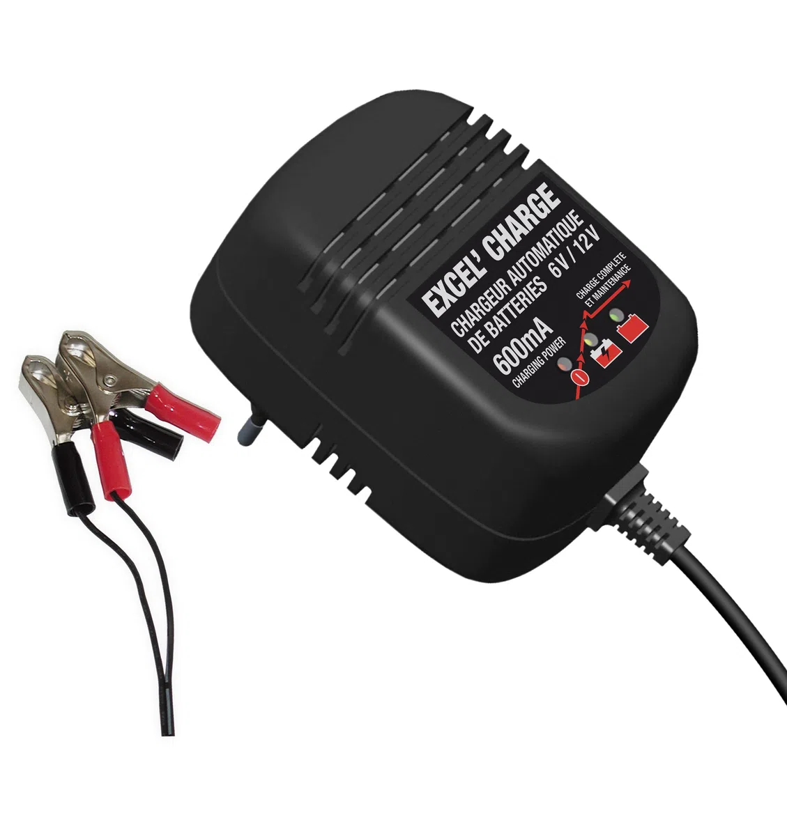 Greenstar - Chargeur Automatique Excel' Charge - pour Batteries Plomb/Acide 5-32Ah 6V/12V - avec Pinces Crocodiles - Tension Secteur 220-240V - Ampérage 0.6A - Dimensions 0.130m x 0.100m x 0.075m