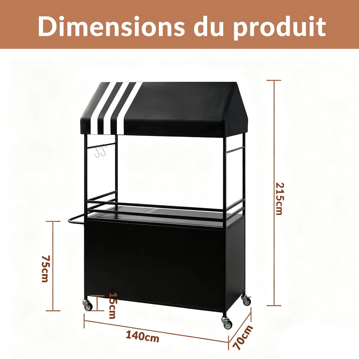 Chariot de Vente Portable avec auvent, Chariots Alimentaires Mobiles avec Roues verrouillables, présentoir de Rue Robuste de 215 cm de Haut pour événements intérieurs et extérieurs