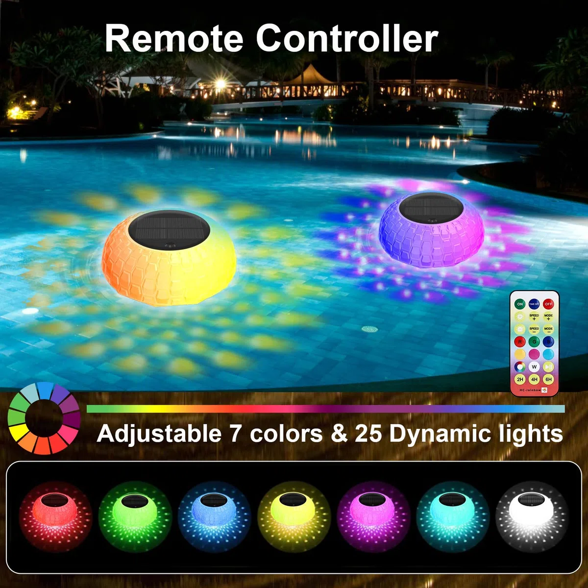 Distributeur de Chlore Flottant avec Lumière Solaire LED, Diffuseur Chlore Piscine avec Contrôle par Bouton Flotteur, Télécommande, Libération Réglable & Ouverture，Flotteur Piscine Chlore