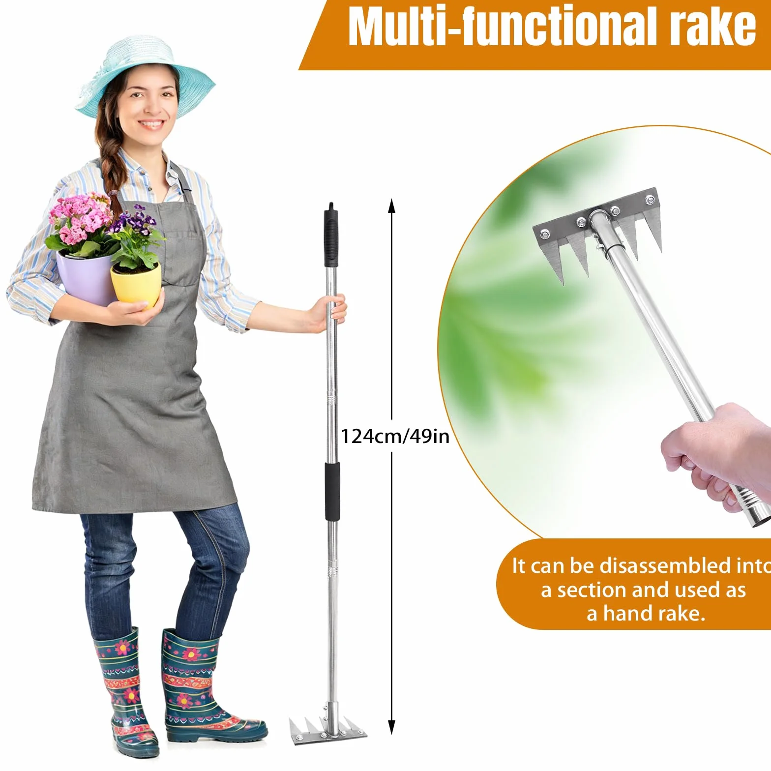 Râteau de Jardin 8 Dents avec Manche Métallique 1,2 m, Outil de Désherbage Manuel, Griffe de Jardin Portable pour Ameublir Le Sol, Désherber et Semer