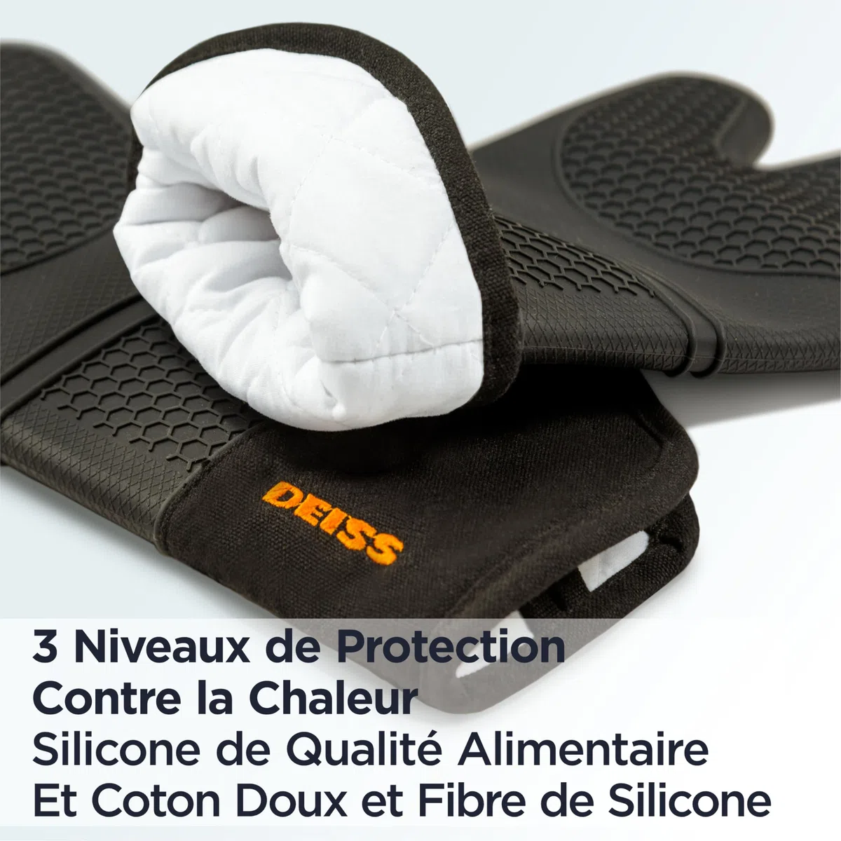 Deiss Pro Ensemble de Gants de Cuisine en Silicone résistant à la Chaleur et aux Taches, Gants de Barbecue en Coton Doux, imperméables, Gants de Cuisine Extra-Longs et Flexibles pour la Cuisson