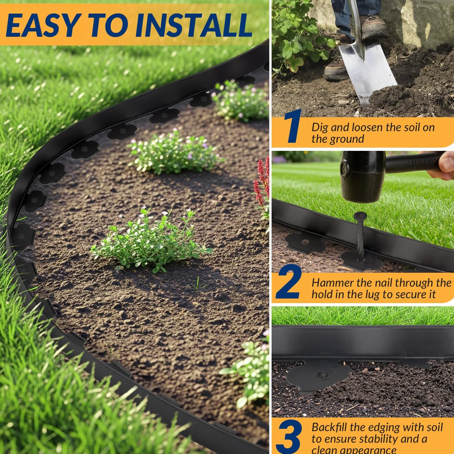 Velway Bordure de Jardin en Plastique Flexible 10 mètres, Hauteur 5cm - avec 40 Piquets d'ancrage – Délimitation Pelouse, Allée, Parterre – Bordurette Extérieure Facile à Installer