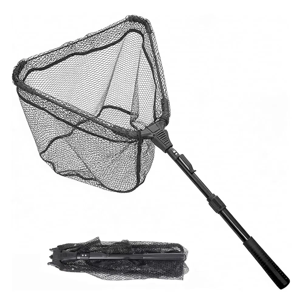 Épuisette de pêche pliable 90 cm - Cadre triangulaire stable - En caoutchouc - Pour étang, ruisseaux, lacs et pêche en bateau