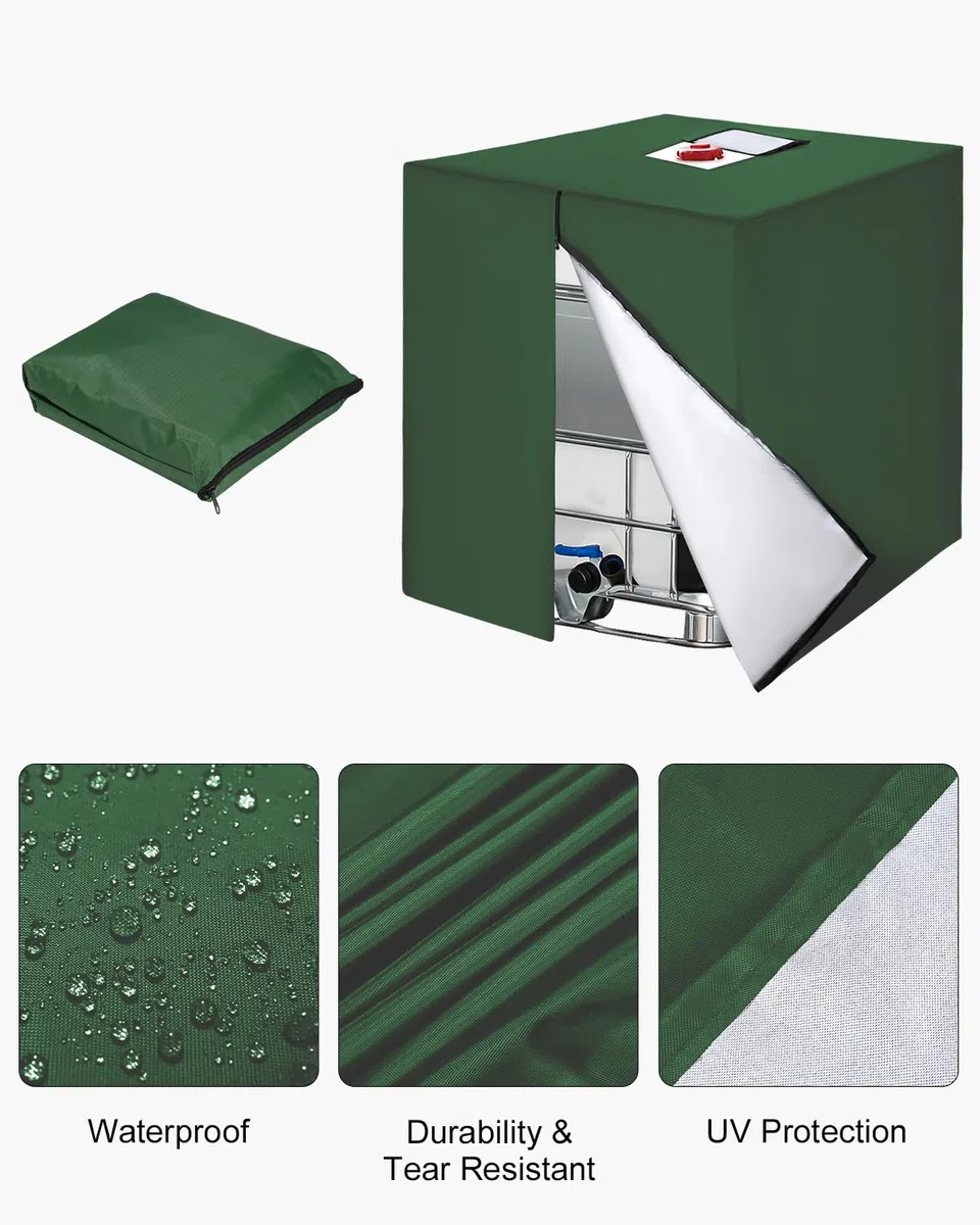 Bache pour Cuve 1000L IBC, 420D Réservoir d'eau Couvercle, Anti-UV Housse Protection Cuve, Bâche de Protection Cuve IBC avec Fermeture éclair, 120 x 100 x 116 cm(Vert)