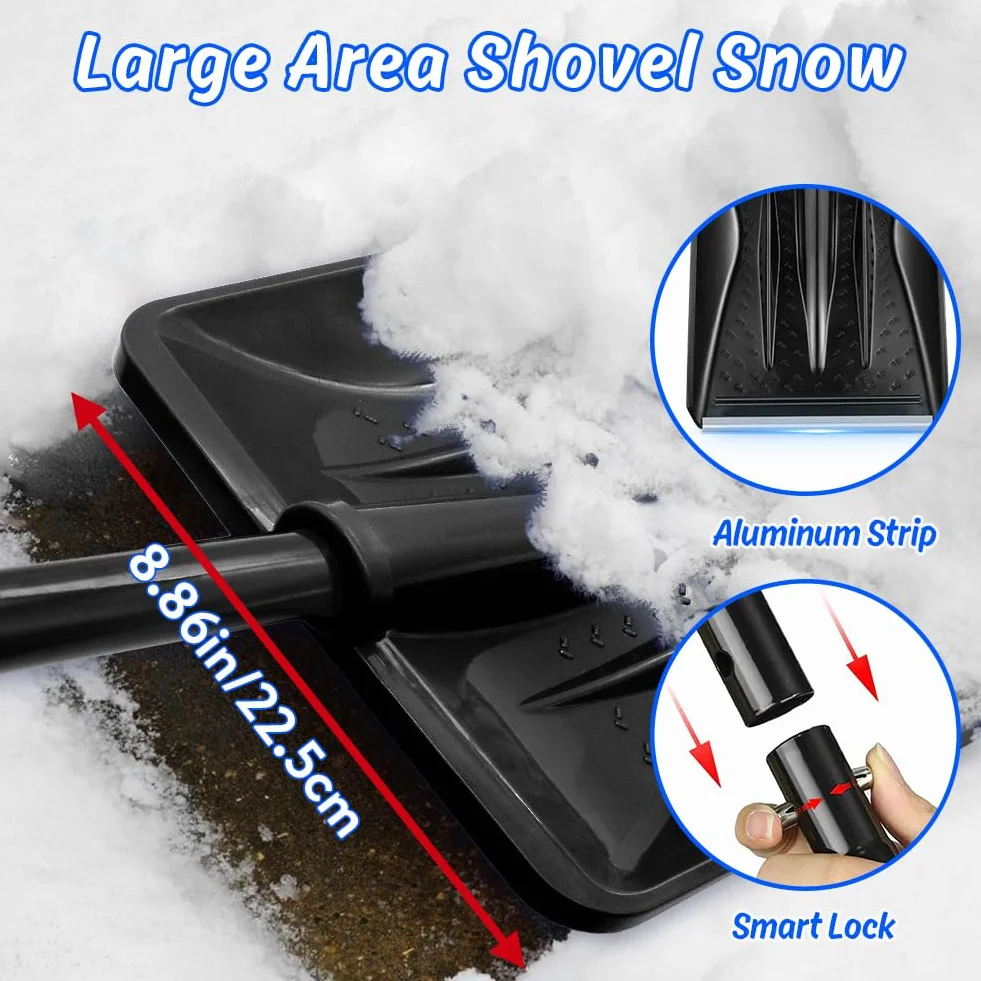 Pelle a Neige, 108cm de Long, Profil en Aluminium Bord de Glissement, 4 Pièces Conception Amovible, Réglable Pelle à Neige Portable pour Conduire, Camping, Bonhomme de Neige Jouer