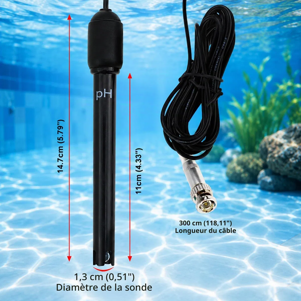 Longue Corps pH Électrode avec BNC Prise Sonde 300cm Câble 0-14pH pour pH Mètre, pH Manette pH Dispositif Économique Capteur