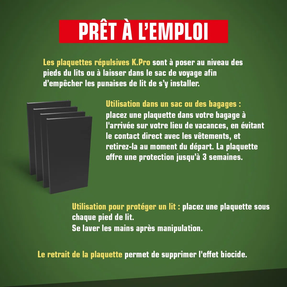 K.PRO Plaquettes répulsives punaises de lit, 4 plaquettes, protège bagages et lits, jusqu'à 3 semaines de protection, 1 plaquette = 1 bagage, intérieur