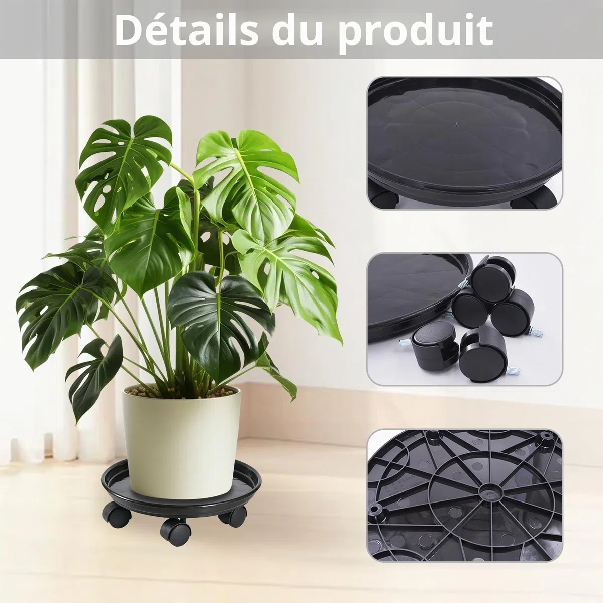 3 Pièces Chariot Roulant pour Plantes Rond Sous-Pot avec Roulettes Universelles Support pour Plantes Chariot Mobile pour Intérieur et Extérieur Capacité de Charge 50 kg 30 cm Noir