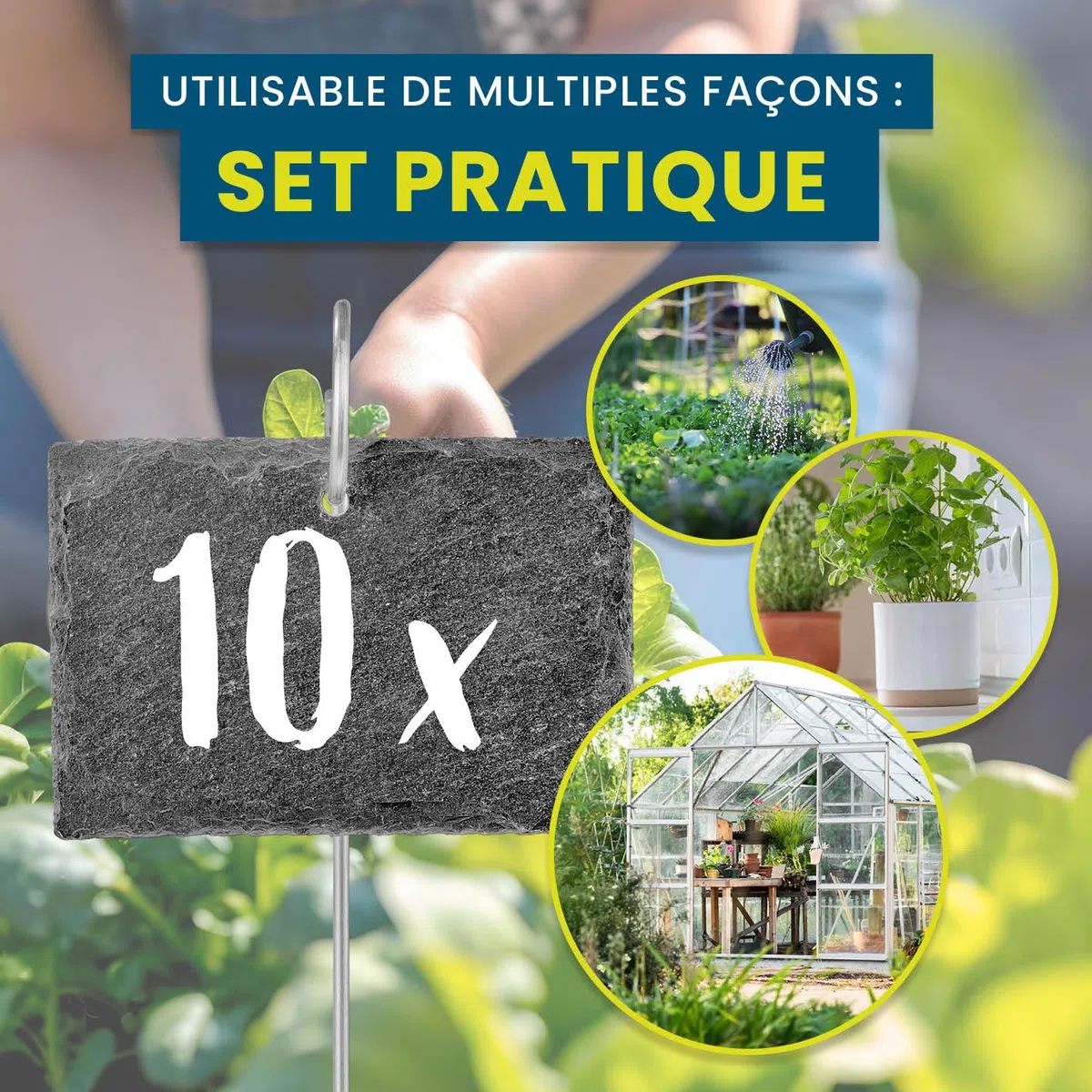 Hoberg Étiquettes Plantes en ardoise - Set de 10 | Résistant aux intempéries, réutilisable | Inscription individuelle de plantes & herbes | Avec piquets de terre en acier | 10 x 7 x 0,5 cm [Carrés]