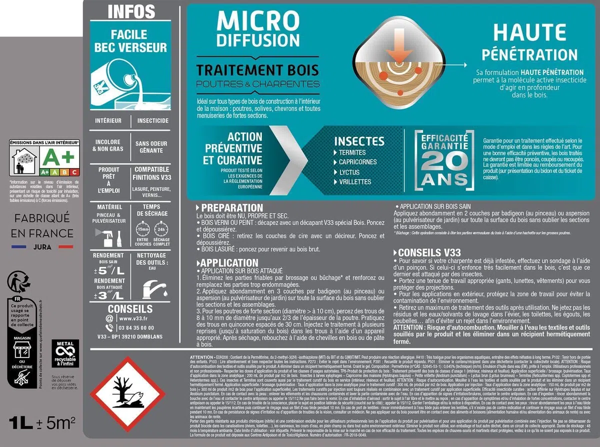 V33 Traitement bois poutres & charpentes, Incolore 1L