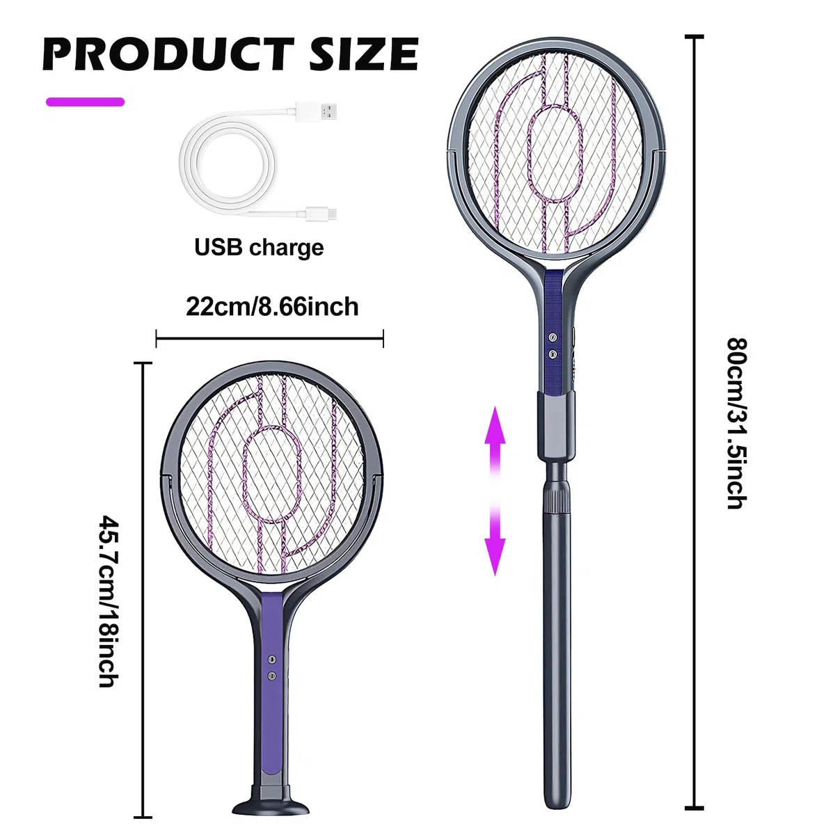 Tapette à Mouches électrique, Tête Rotative Rechargeable, Piège à Mouches électrique avec Rallonge Télescopique Répulsif anti-Moustiques 2 en 1, Tapette à Mouches Rechargeable USB pour Chambre Cuisine