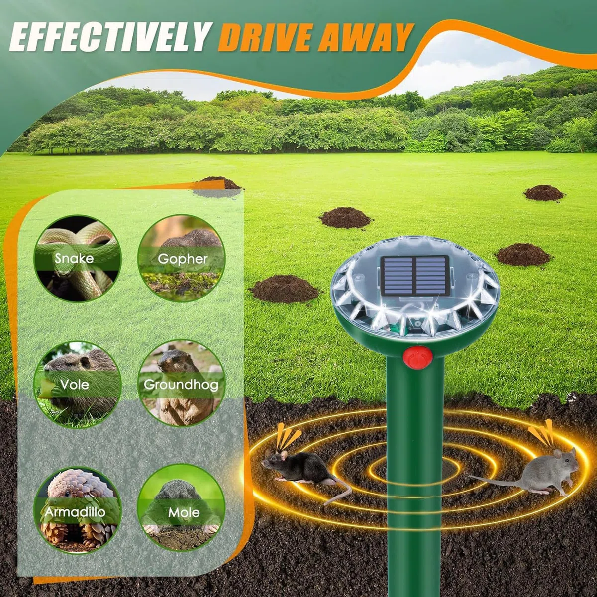 Anti Taupe Solaire Vibration et Ultrasons 6 Pièces,Repulsif Taupe Ultrason Solaire,Répulsif Serpent Ultrason avec IP65 Imperméable,Repousse Les Taupes et Autres Rongeurs pour Le Extérieur et Jardin