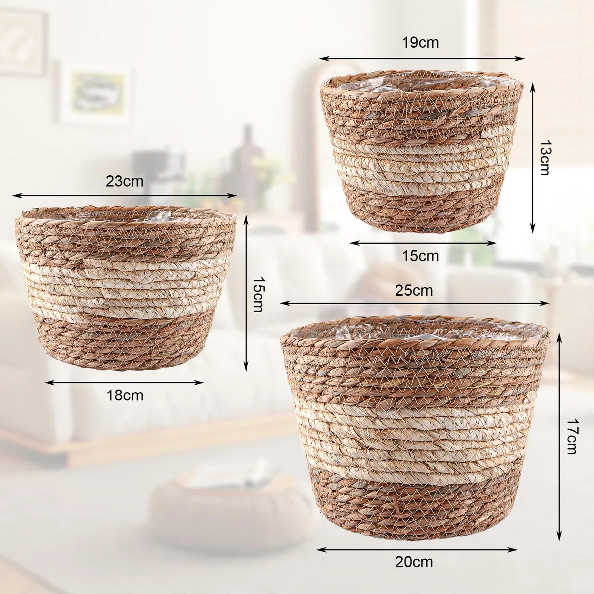 3 Pièces Panier Tressé Plante, Cache Pot Osier avec Doublure PE, Paniers Ronds 19/23/25 Cm Style Naturel pour Fleurs, Salon, Balcon Et Terrasse
