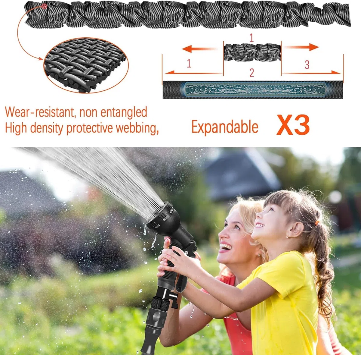Tuyau d'arrosage extensible de 30 m pour jardin flexible avec pistolet pulvérisateur 7 fonctions, tuyau d'arrosage extensible magique pour jardinage, lavage de voiture (noir)