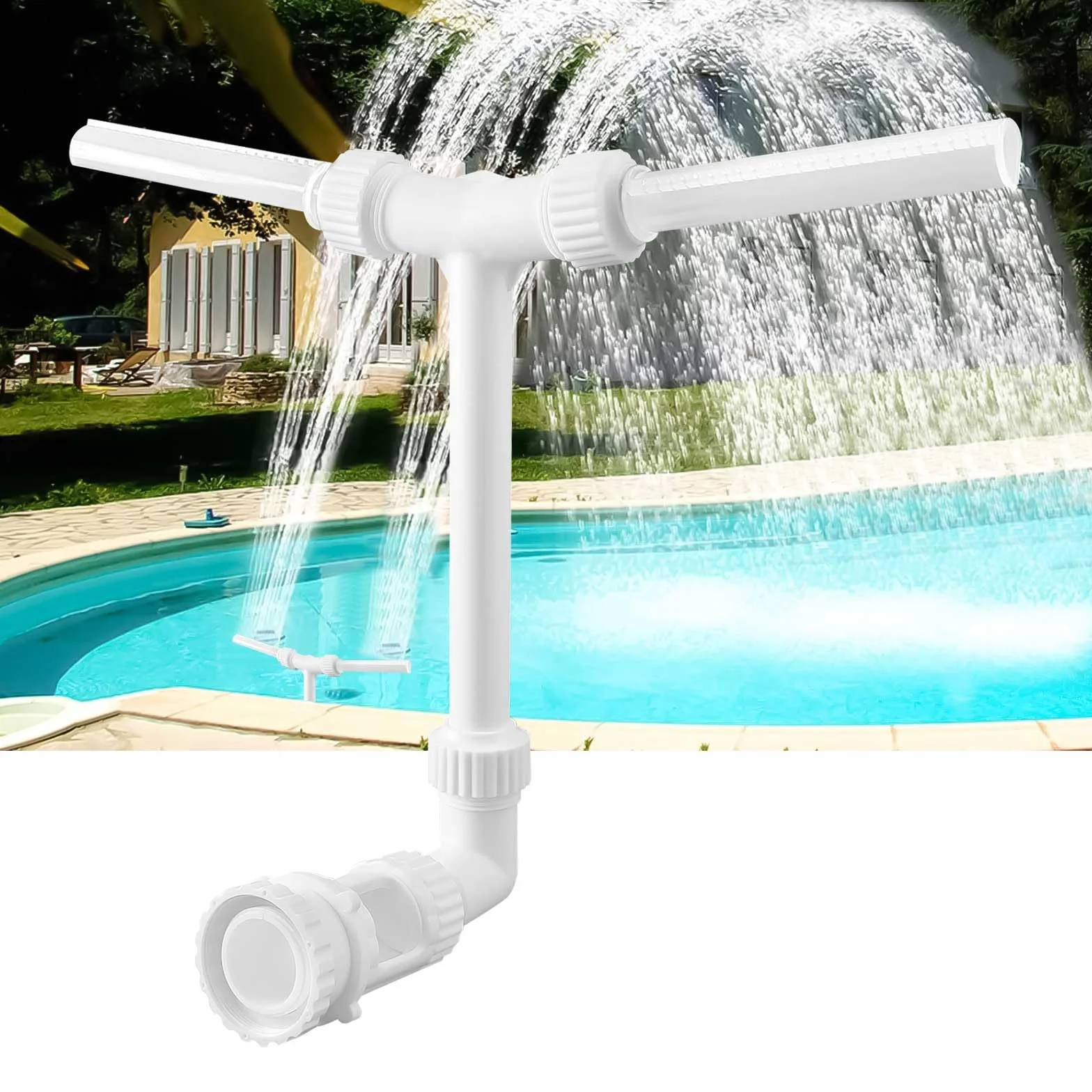 Fontaine de Piscine avec Double Tête de Cascade, Rotation à 360°, Direction de Débit d'eau Réglable, pour Piscine Hors Sol/Souterraine, Sprinkler en Cascade pour Décoratifs Jardins Extérieurs (Blanc)