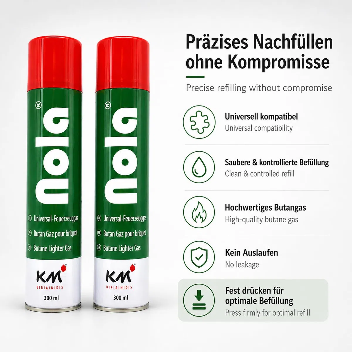 NOLA Gaz universel pour briquets et brûleurs à flambe - Qualité supérieure - Butane - Idéal pour tous les modèles 703 - 12 x 300 ml