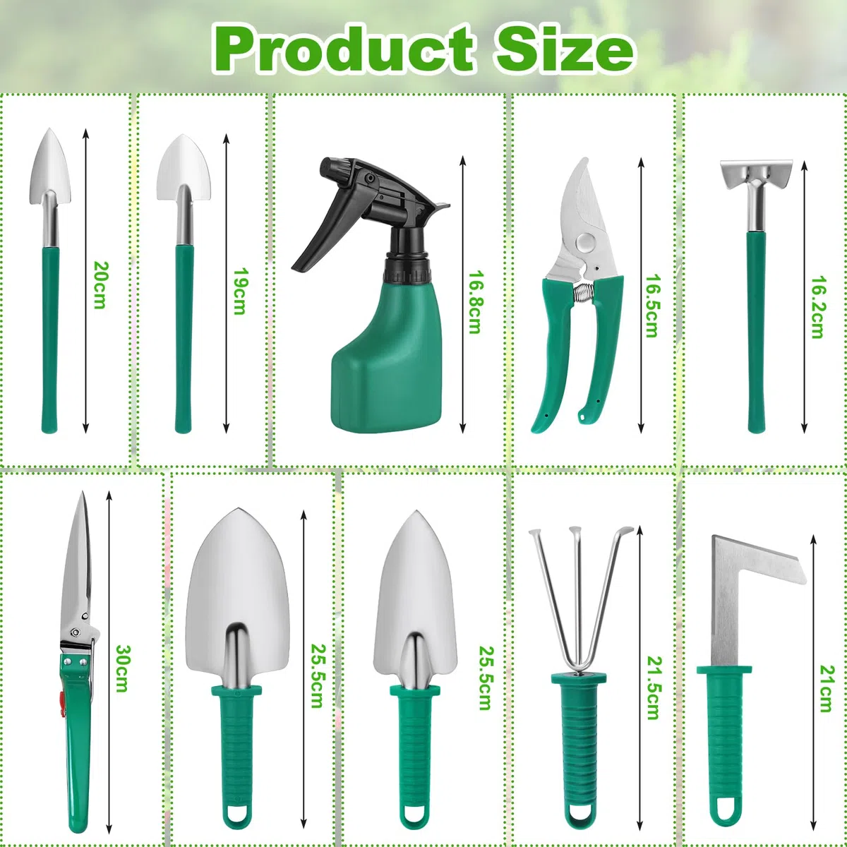Kit de Jardinage, 10 Pièces en Acier Inoxydable Outils de Jardinage avec Boîte de Rangement，Truelle, Râteau, et Pulvérisateur(Vert)