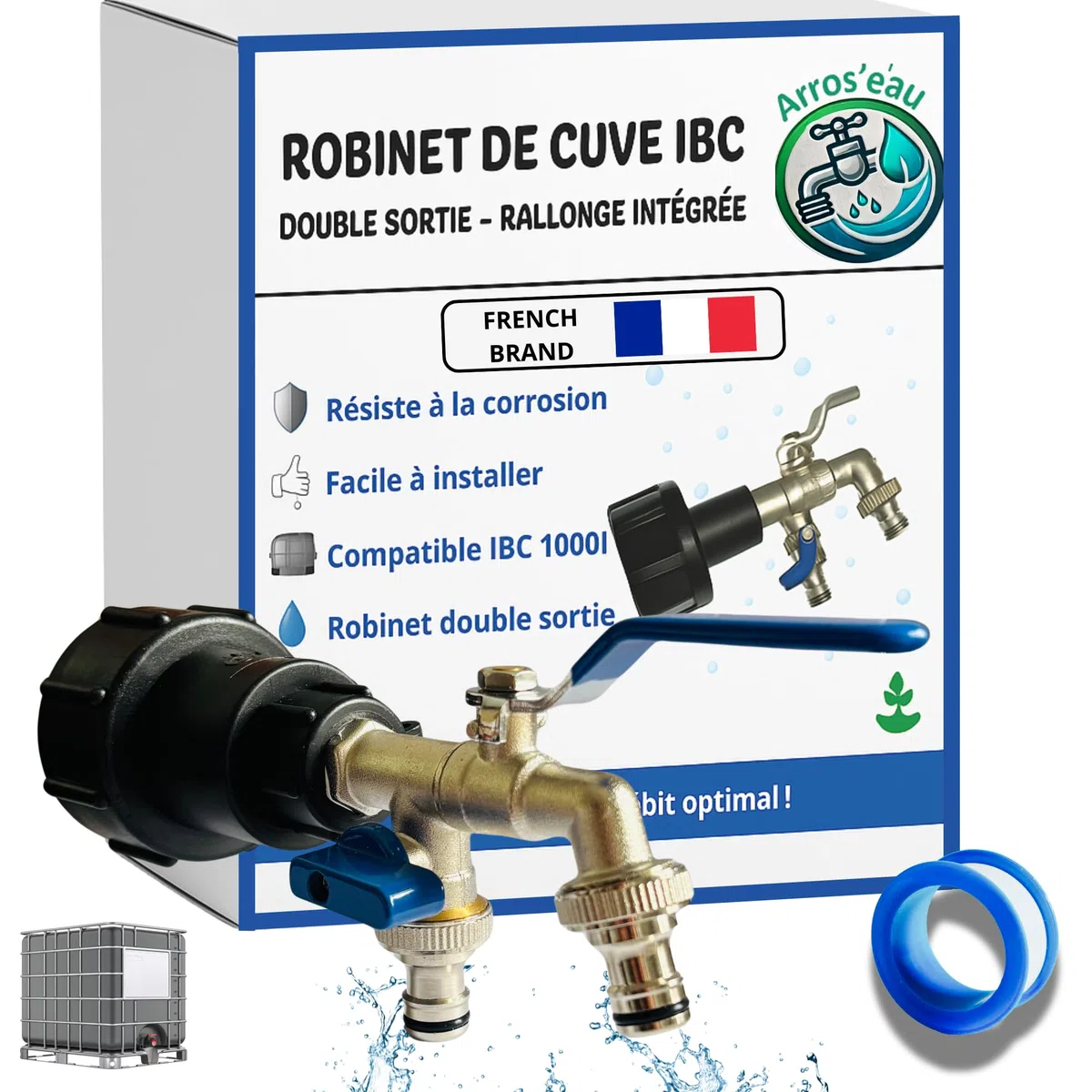 Robinet Cuve 1000L 1/2 S60X6 IBC- Extension Intégrée, raccord cuve 1000 litres, Double Sortie avec Rallonge Raccord Rapide & Étanche – Idéal pour Jardinage, Remplissage et Arrosage simultané