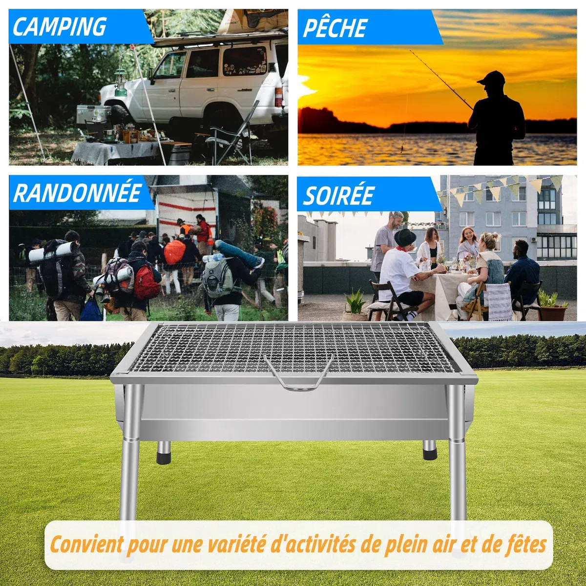 Barbecue Charbon de Bois INOX Ajustable Barbecue Démontable en Acier Portable BBQ Exterieur Grille sur Pied pour Jardin Pique-Nique Camping