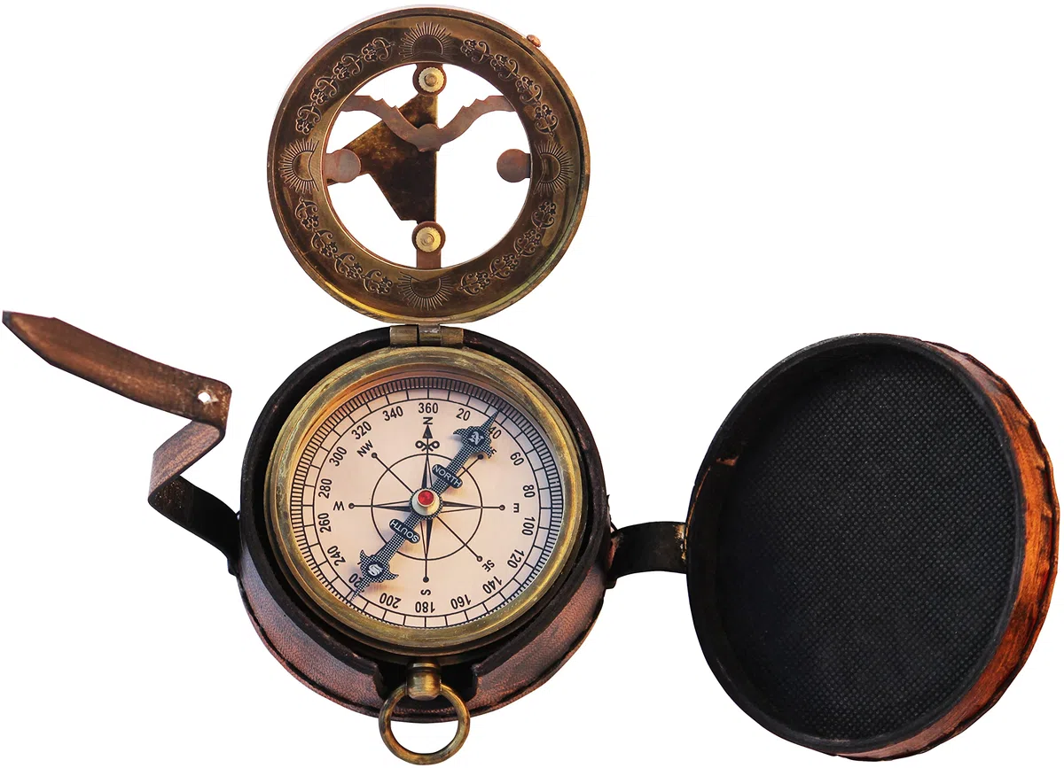 Cadran solaire boussole en laiton avec étui en cuir - Horloge solaire - Accessoire Steampunk - Cadeau nautique - Cadeaux de mariage pour lui - Montre cadran solaire