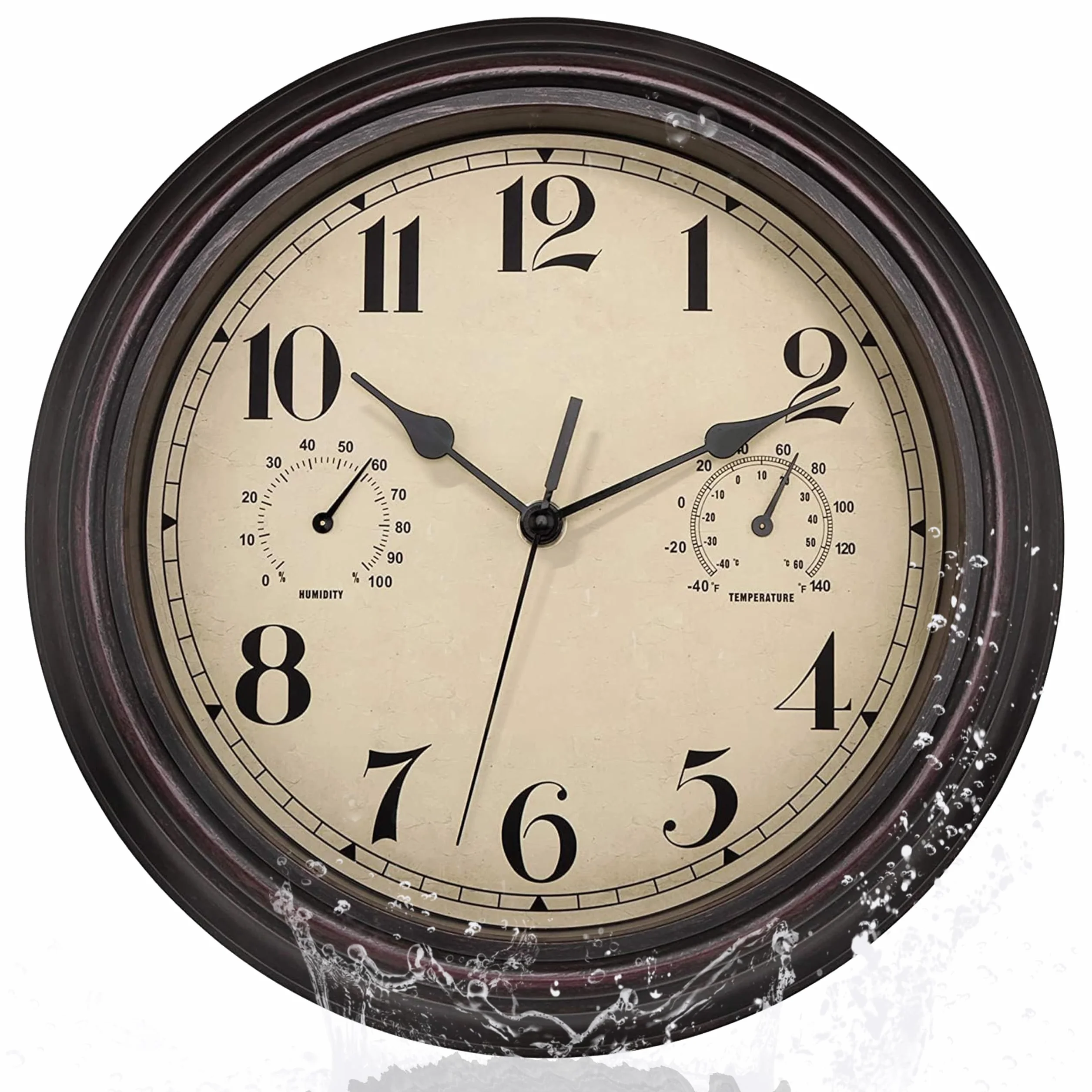 Foxtop Horloge Murale Extérieure Étanche avec Thermomètre & Hygromètre - Design Vintage Silencieux sans Tic-Tac 30 cm Décoration Jardin, Salle de Bain, Cuisine, Véranda (Brun)