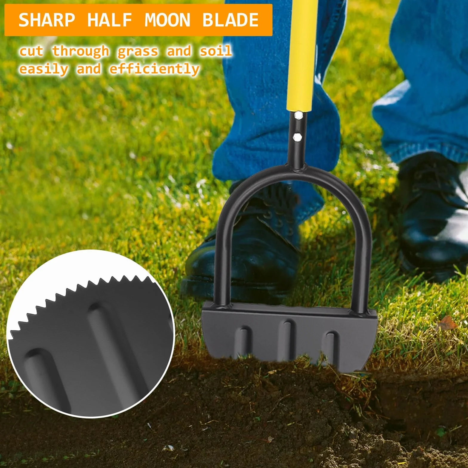 Outil professionnel pour bordure de jardin – Bêche en demi-lune – Coupe-bordure de gazon robuste avec lame en dents de scie et poignée en T confortable | Bordures de jardin, patios et aménagement