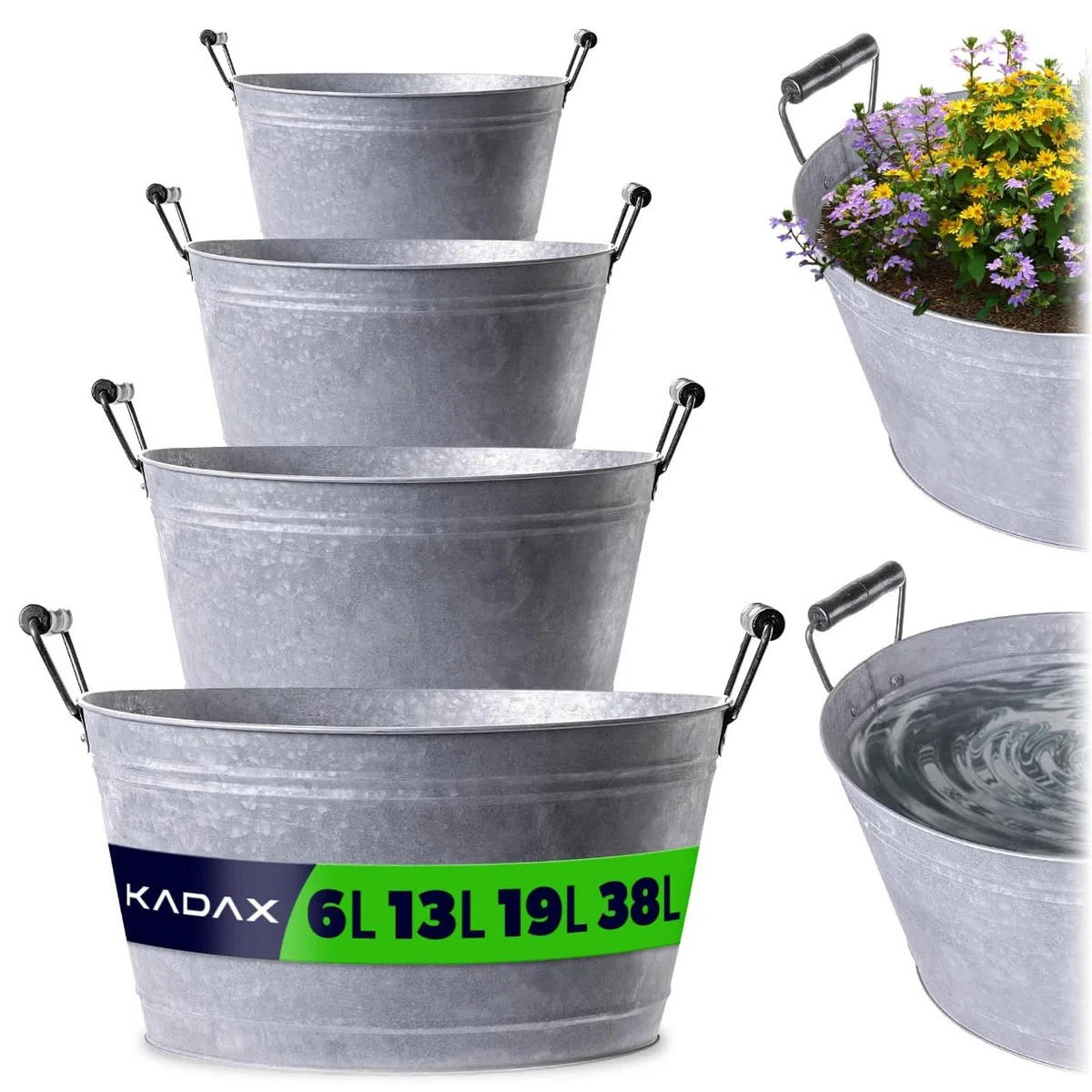KADAX Lot de 4 bacs en zinc en 4 tailles : 6 l, 13 l, 19 l et 38 l, bac à plantes en acier galvanisé, idéal comme étang de jardin, bac à fleurs et seau à boissons (argenté)