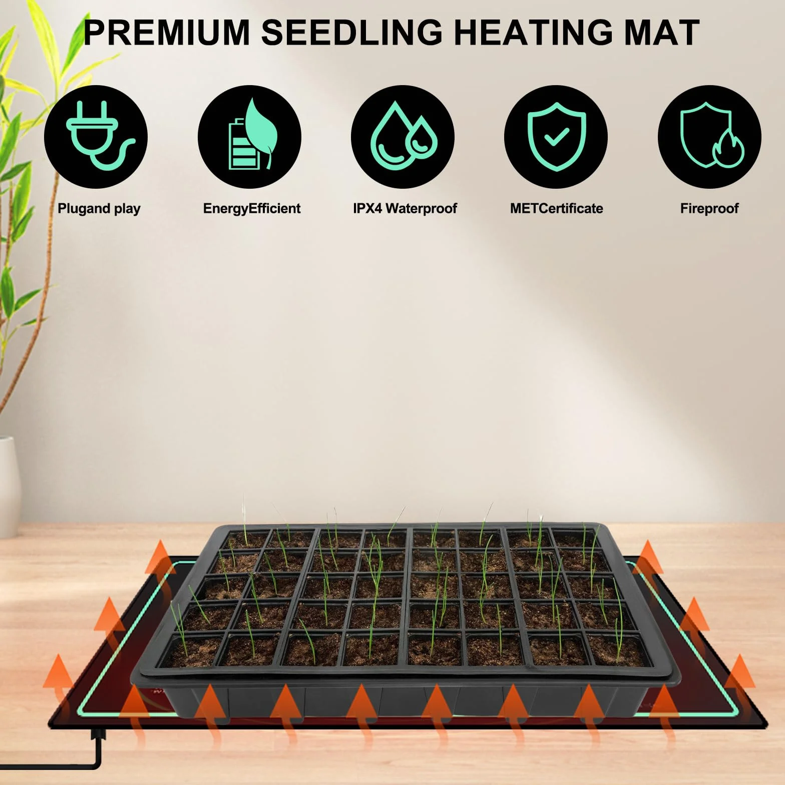 Tapis chauffant pour plantes avec thermostat : 10 x 20,75 pouces, tapis chauffant sûr pour plantes, 50 W, tapis chauffant durable pour plantes, serre d'intérieur, tapis chauffant pour semis, taux de