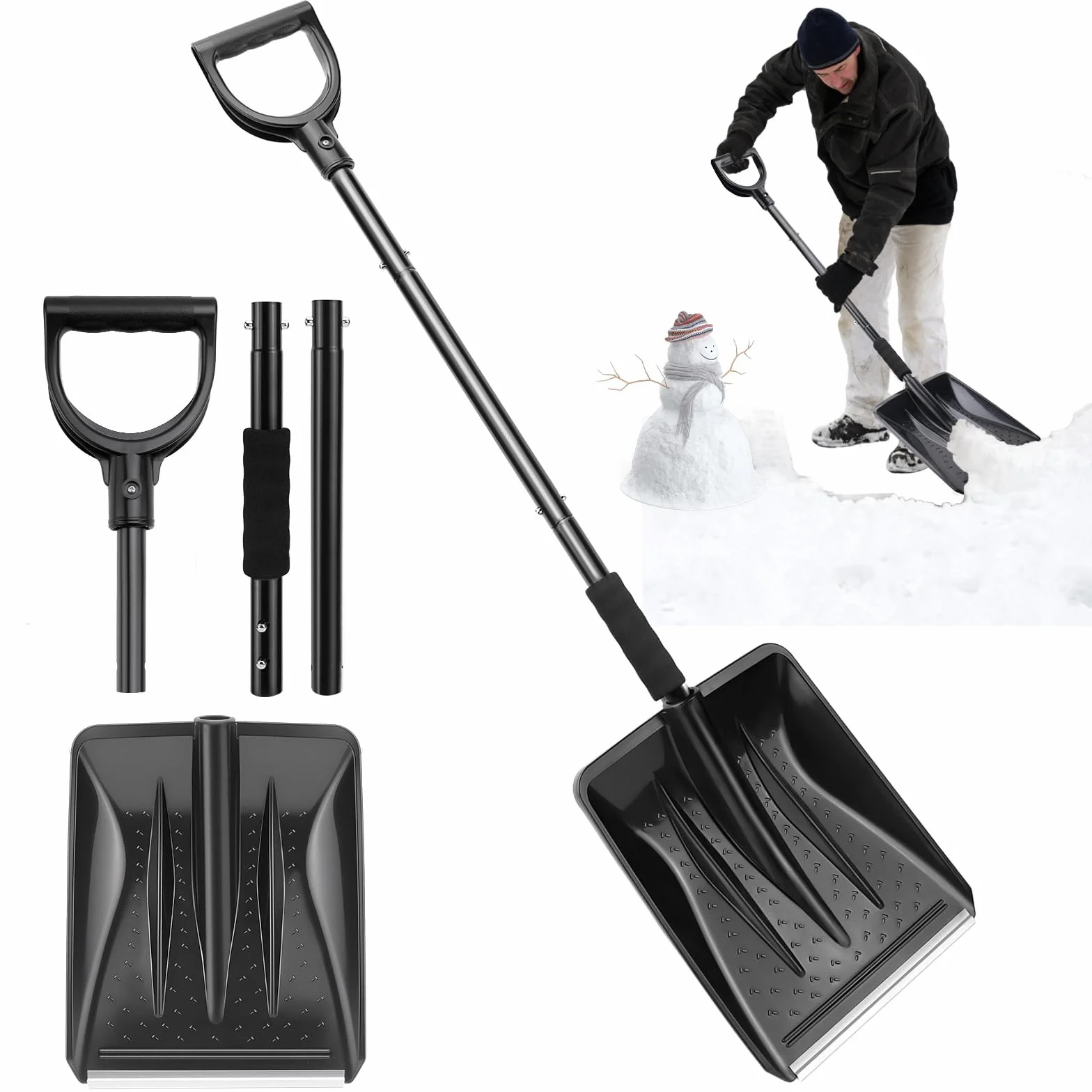 Pelle à neige en plastique avec manche en métal, pelle à neige avec 4 pièces, design amovible, légère pour voiture, trottoir et terrasse