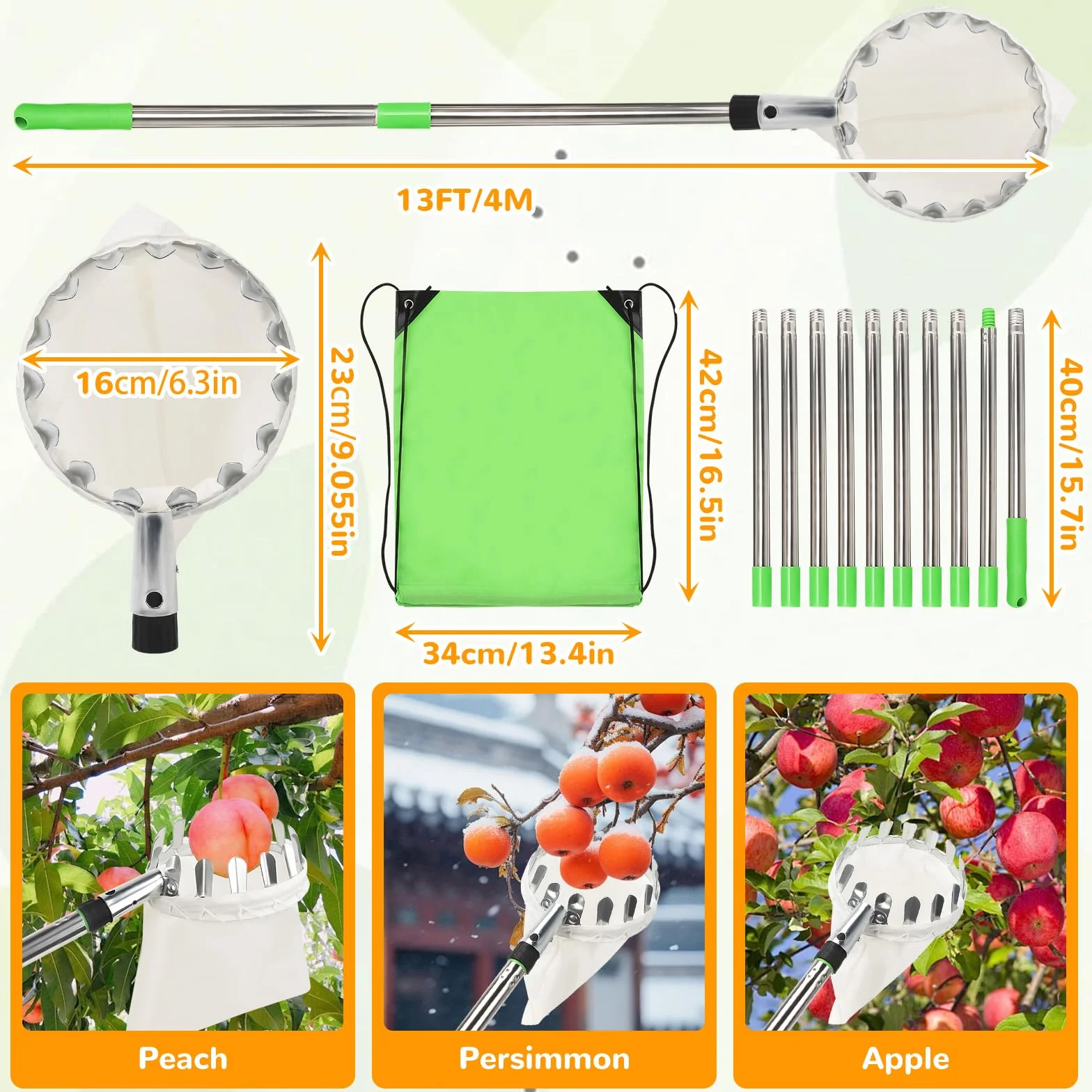 4M Cueille Fruit Telescopique, Ramasse Pomme INOX et Sac de Rangement, Cueille Pommes, Ramasse Fruits, Cueille Poires Cerise Réglable pour Pommes Poires Oranges Pêches Cerises