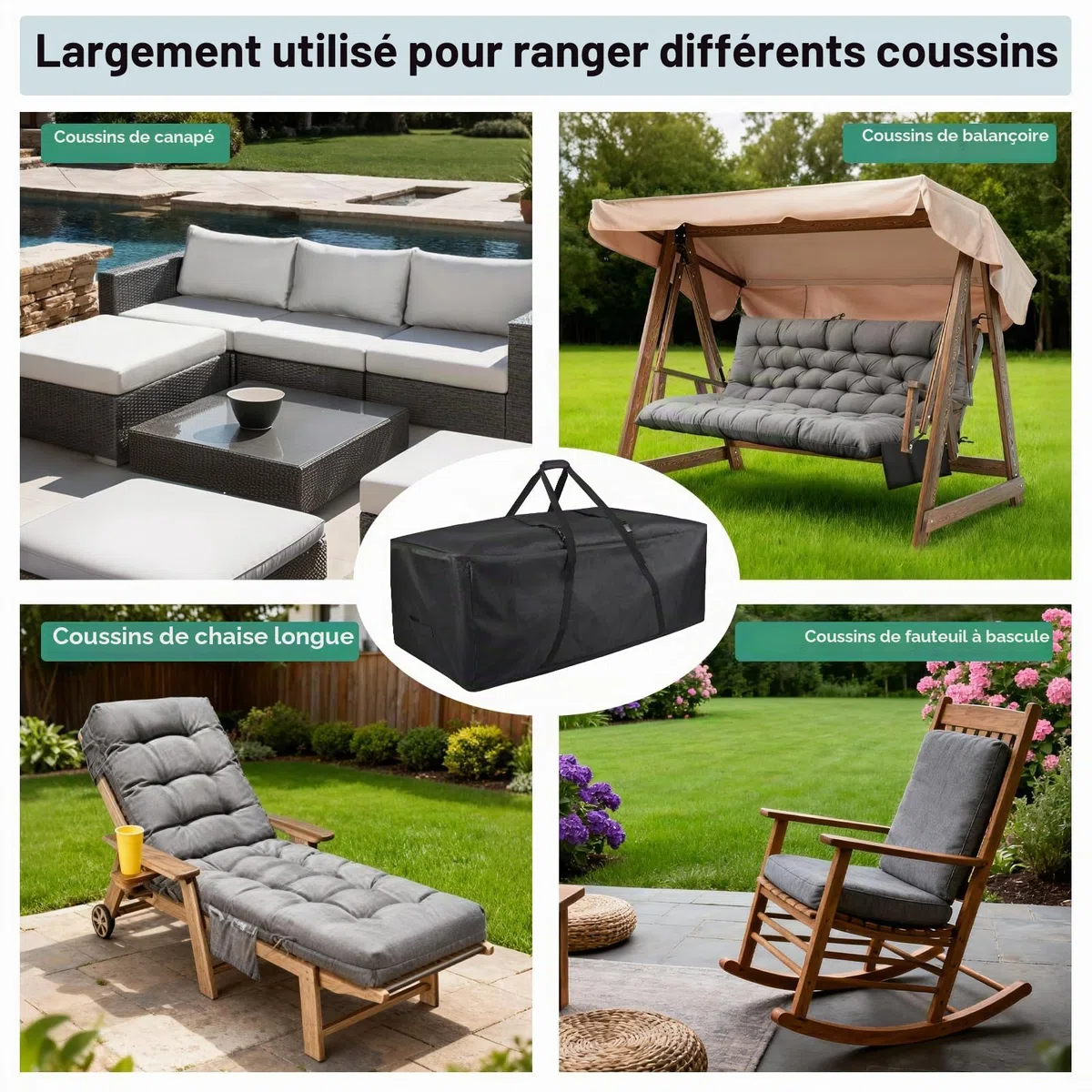 FAMIROSA Sac de Rangement pour Coussins de Jardin et Sac de Rangement imperméable, Anti-UV Tissu 600D Oxford, Fermeture éclair Durable et poignées pour Coussins d’extérieur (172x76x51cm)