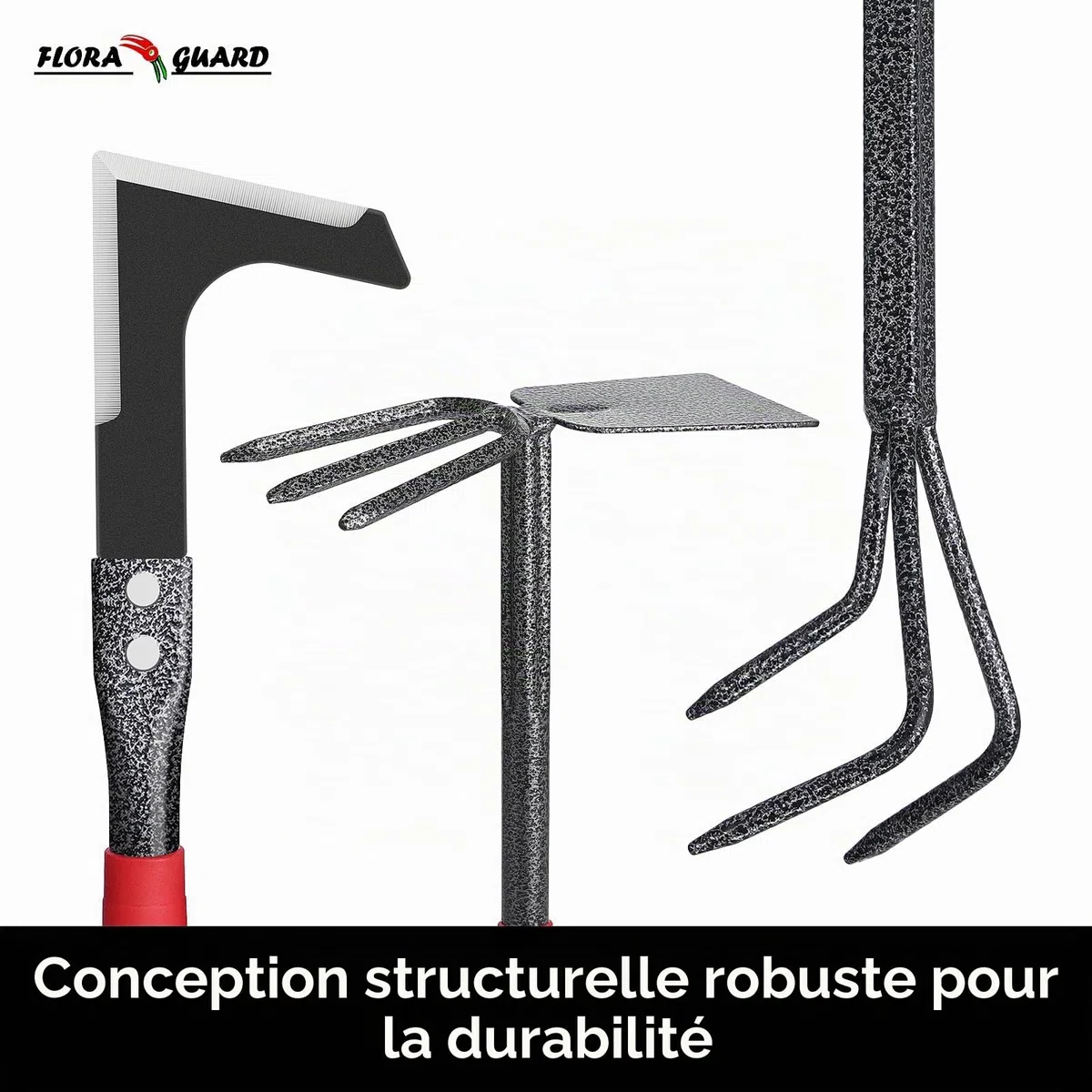 FLORA GUARD Outils de Jardinage 6 Pièces, Kit d'outils de Jardin en Acier Inoxydable avec Houe 2-en-1, Treulle, Râteaux, Couteau Désherbeur, Finition Martelée, pour Taille et Entretien