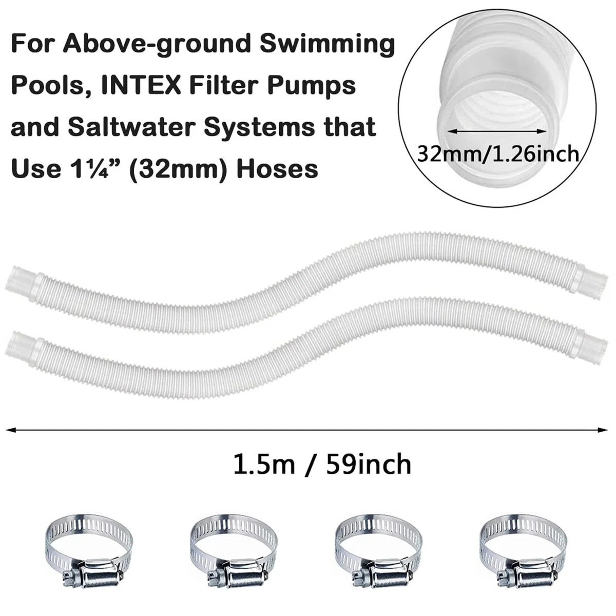 2 pièces Tuyau pour Piscine,Tuyau de Rechange pour Piscine,Pompe à Filtre avec 4 Pinces Métalliques,Tuyaux de Rechange pour Piscines Hors Sol(1.5m)
