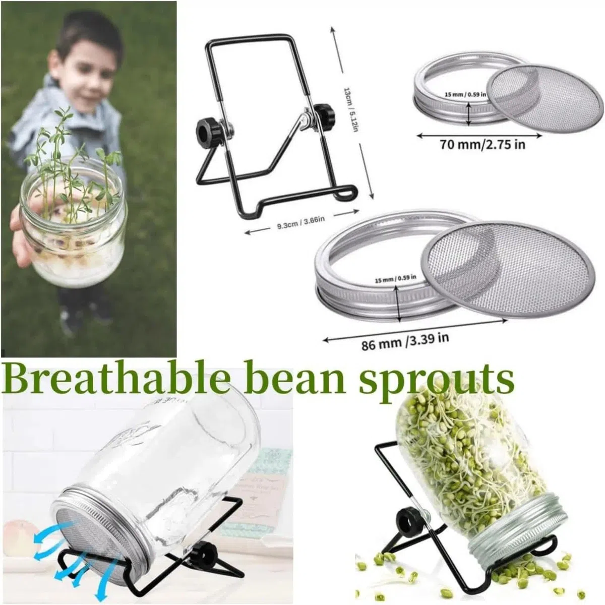 Bocal de Germination, 2 x 1000ml Germoir en Verre Bocal à Germes avec 2 Couvercle à Grille en Acier Inoxydable, 2 Support, 2 Plateau, kit de Bocal à Germes pour Brocoli Luzerne Haricots Verts