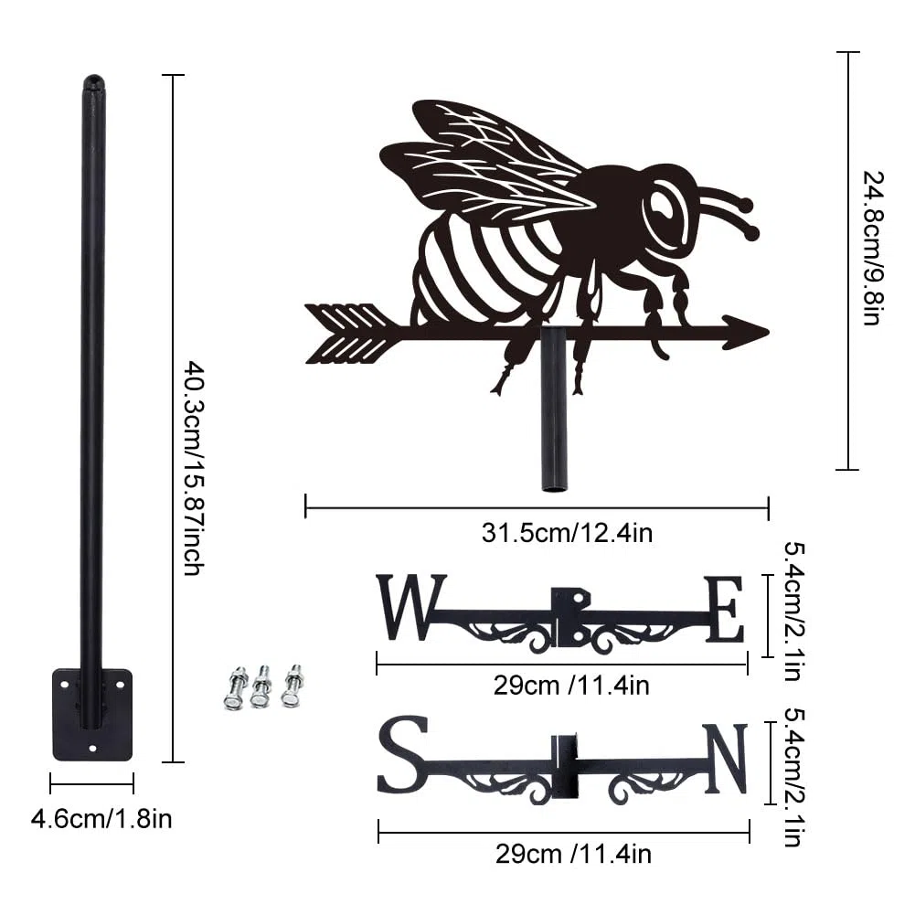 SUPERDANT 1 Ensemble de Girouette en Fer Forgé Noir à Motif Abeilles Girouettes en Fer Indicateur de Vent Girouette de Jardin Exterieur Prêt à Cadeau Adapté aux Patios Maisons et Abris