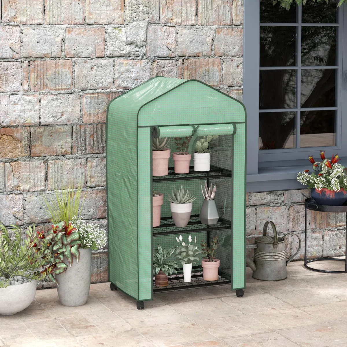 Outsunny Serre de Jardin PE avec étagères 3 Niveaux, Serre de Balcon, bâche PE, châssis en Acier, Porte zippée Enroulable, pour légumes Plantes Fleurs, 69x49x130cm, Vert